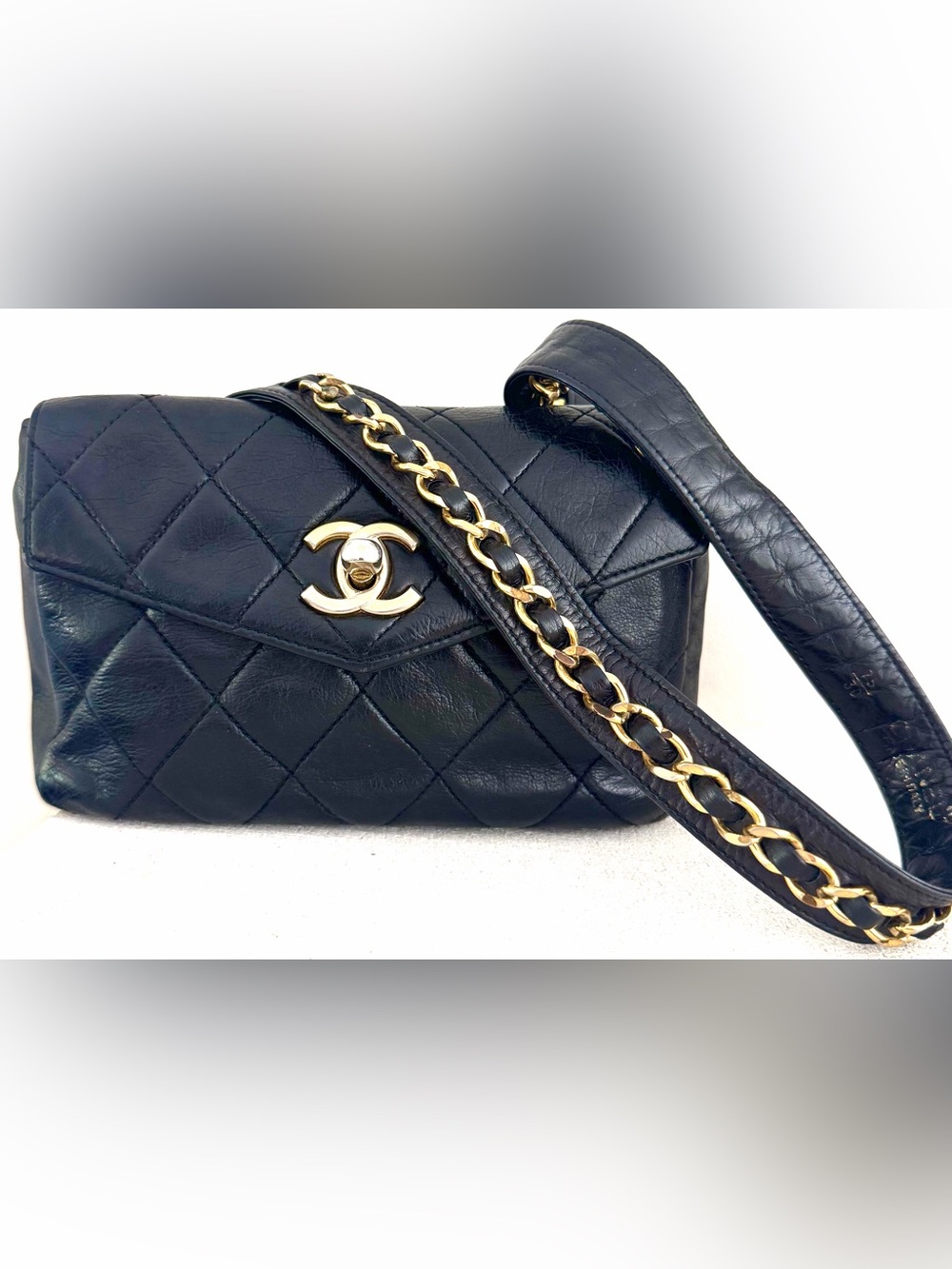 CHANEL CC Turn Lock Lambskin Belt Bag Bum Bag Black Vintage 75/30 COA